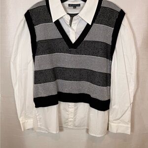 Adrianna Papell Layered Shirt Sweater Vest Black White Striped M